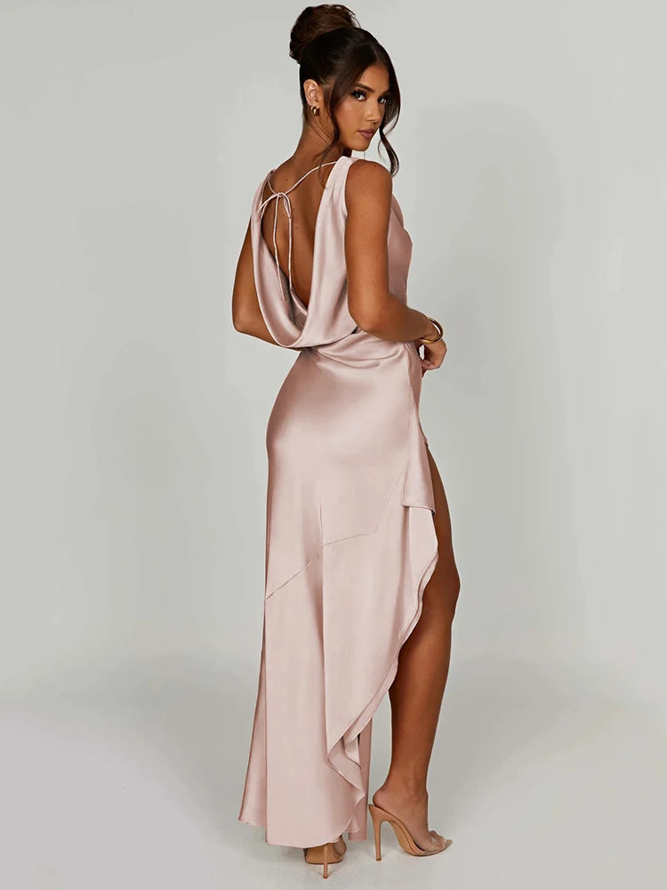 Stretch Satin V Neck Sleeveless Backless Split Maxi Dress Rown