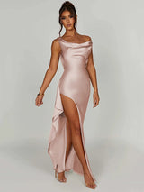 Stretch Satin V Neck Sleeveless Backless Split Maxi Dress - Rown