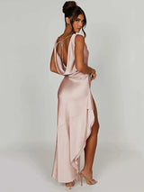 Stretch Satin V Neck Sleeveless Backless Split Maxi Dress - Rown