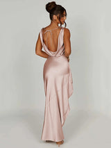 Stretch Satin V Neck Sleeveless Backless Split Maxi Dress - Rown