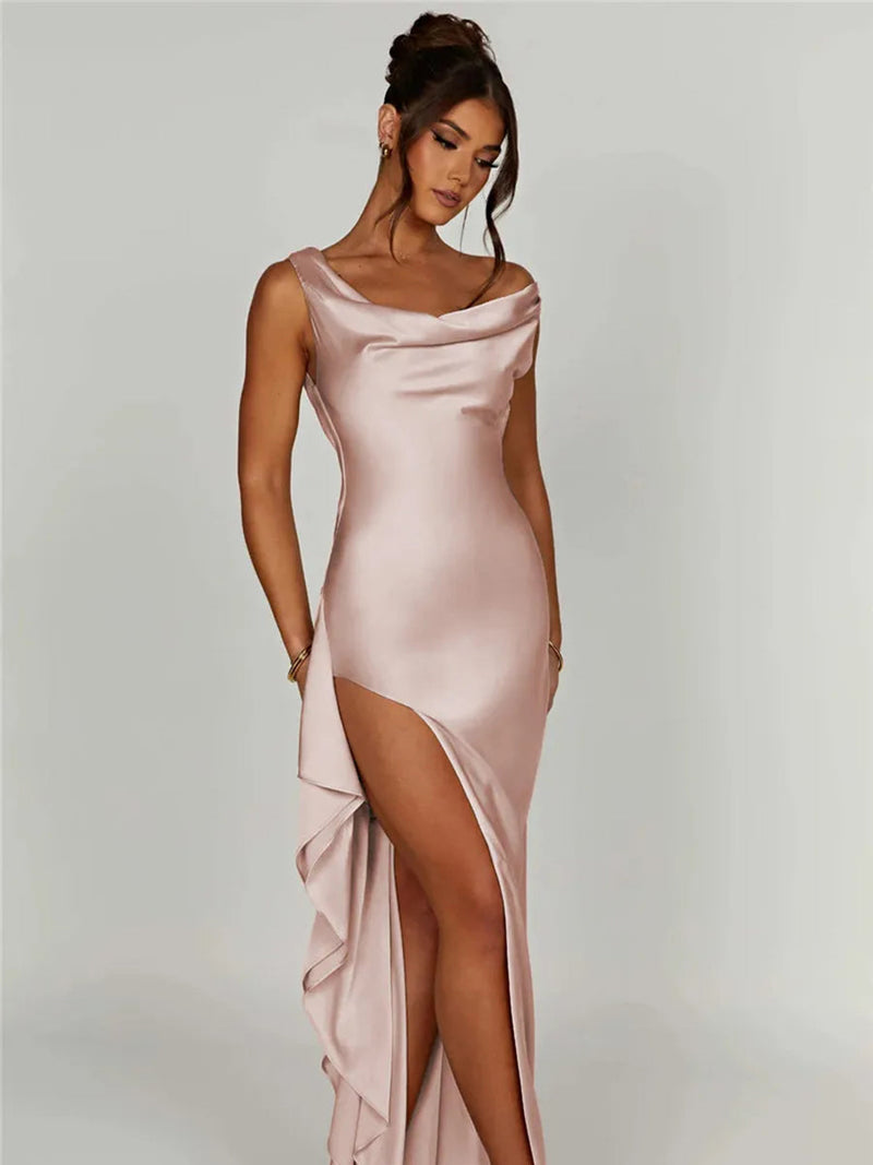 Stretch Satin V Neck Sleeveless Backless Split Maxi Dress - Rown