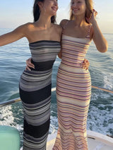 Striped Print Slip Off Shoulder Maxi Dress Rown