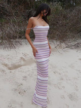 Striped Print Slip Off Shoulder Maxi Dress - Rown