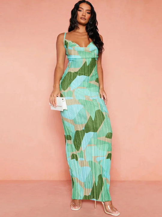 Tie-dyed Printed Pleated Maxi Dress Rown
