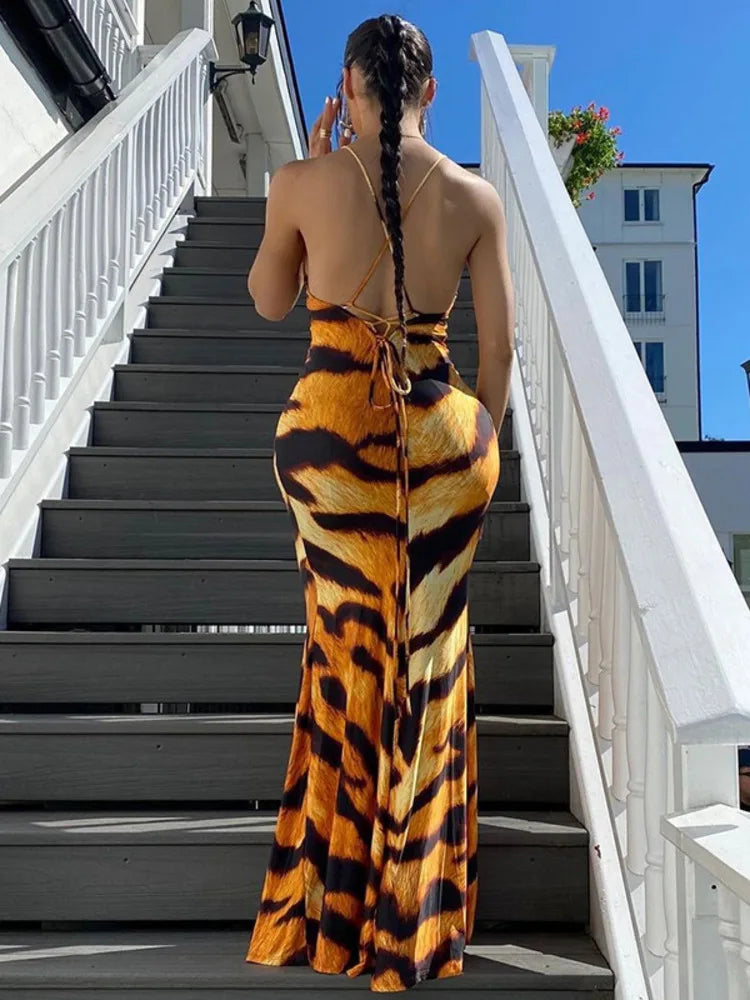 Tiger Pattern Print Backless Maxi Dress Rown