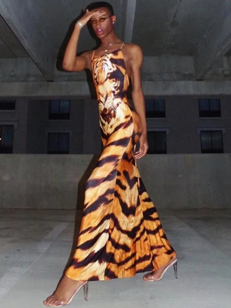 Tiger Pattern Print Backless Maxi Dress Rown