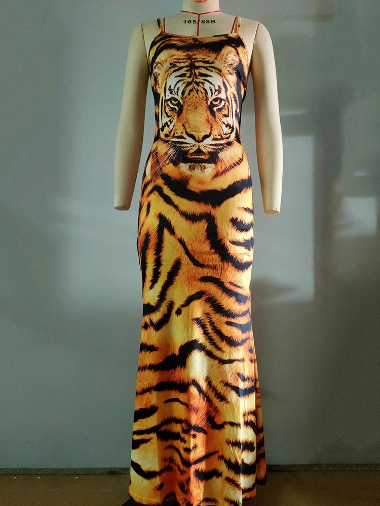 Tiger Pattern Print Backless Maxi Dress Rown