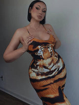 Tiger Pattern Print Backless Maxi Dress Rown