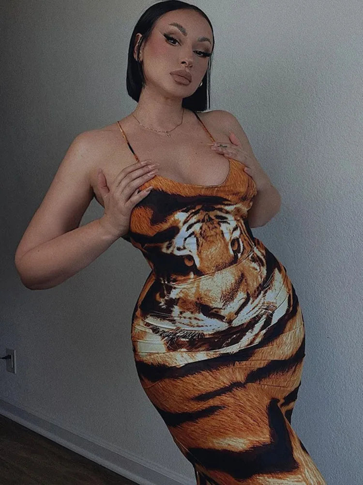 Tiger Pattern Print Backless Maxi Dress Rown