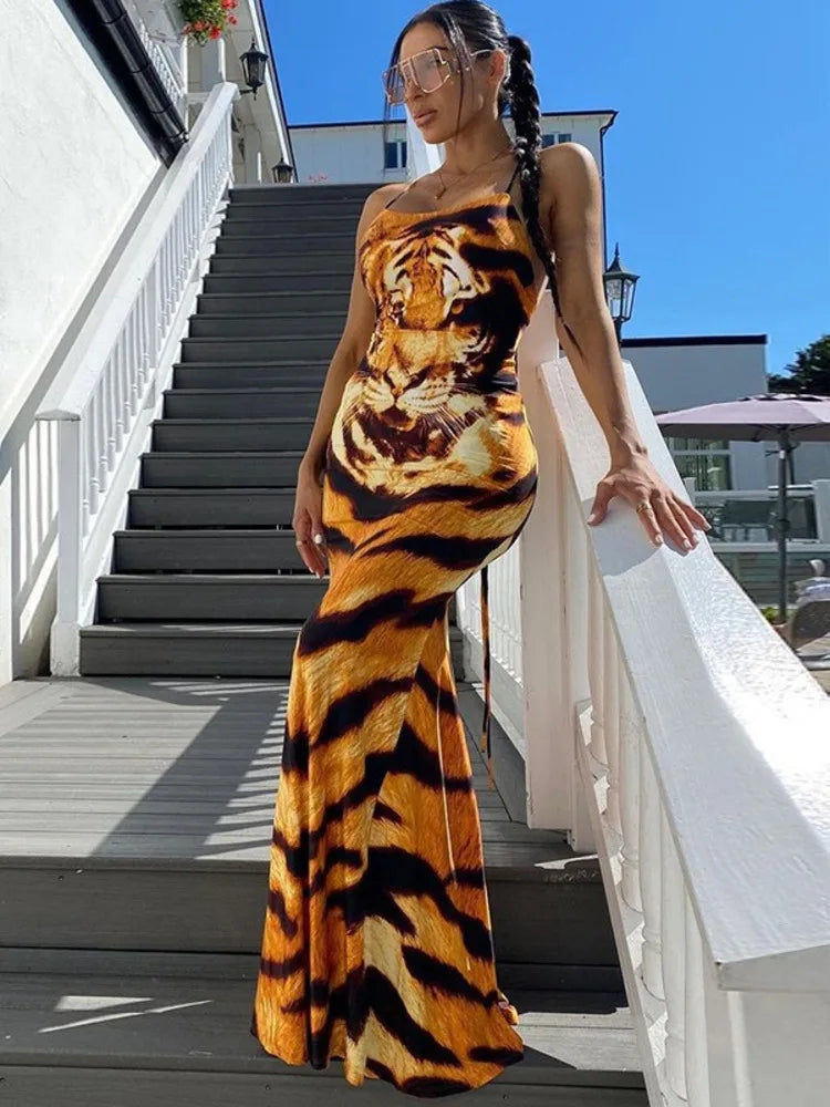 Tiger Pattern Print Backless Maxi Dress Rown