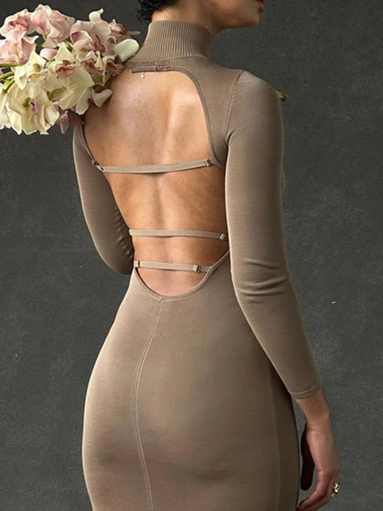 Turtleneck Backless Bodycon Long Sleeve Maxi Dress Rown