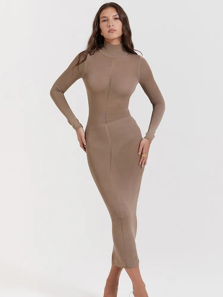 Turtleneck Backless Bodycon Long Sleeve Maxi Dress Rown