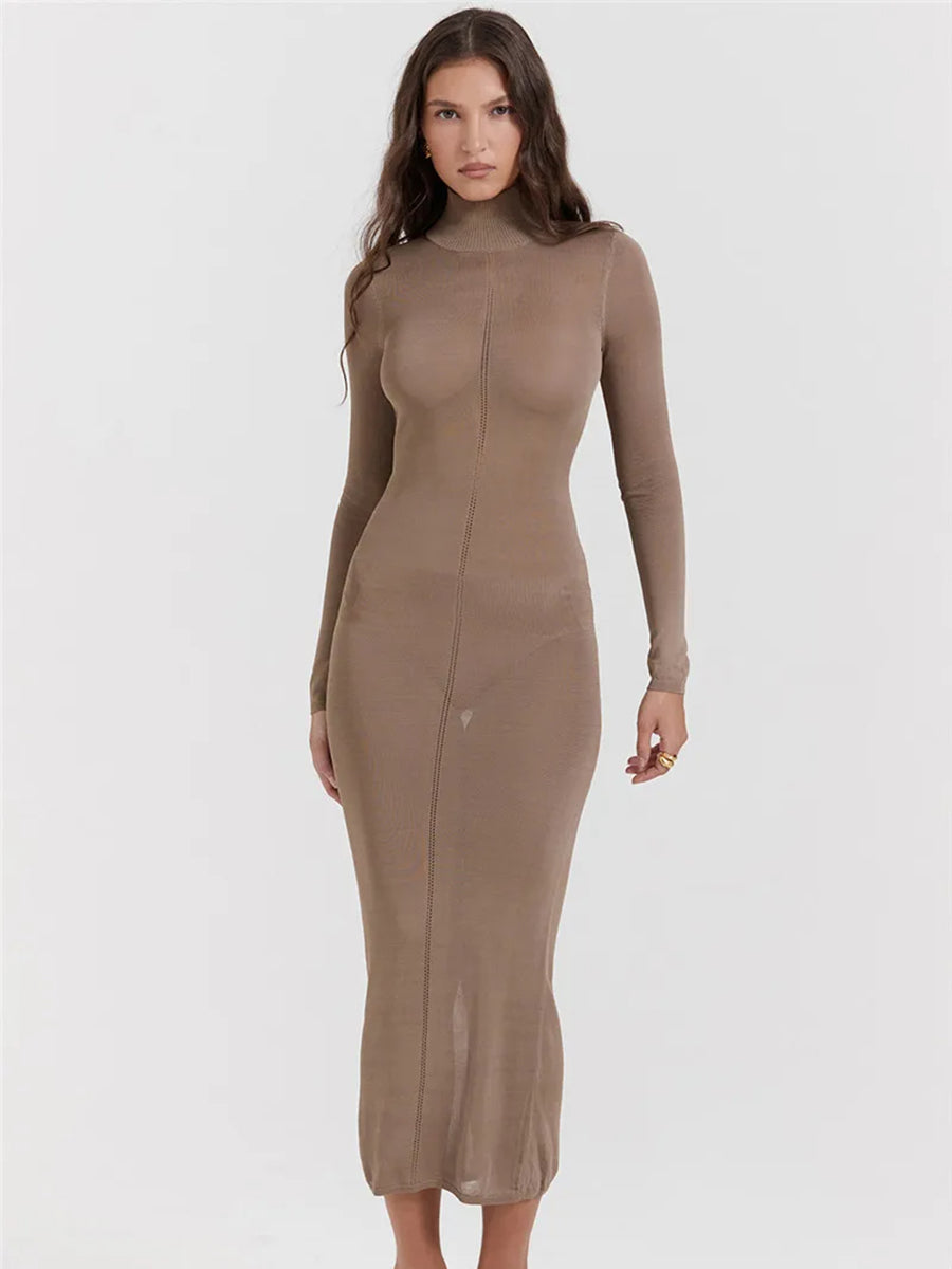 Turtleneck Backless Bodycon Long Sleeve Maxi Dress Rown