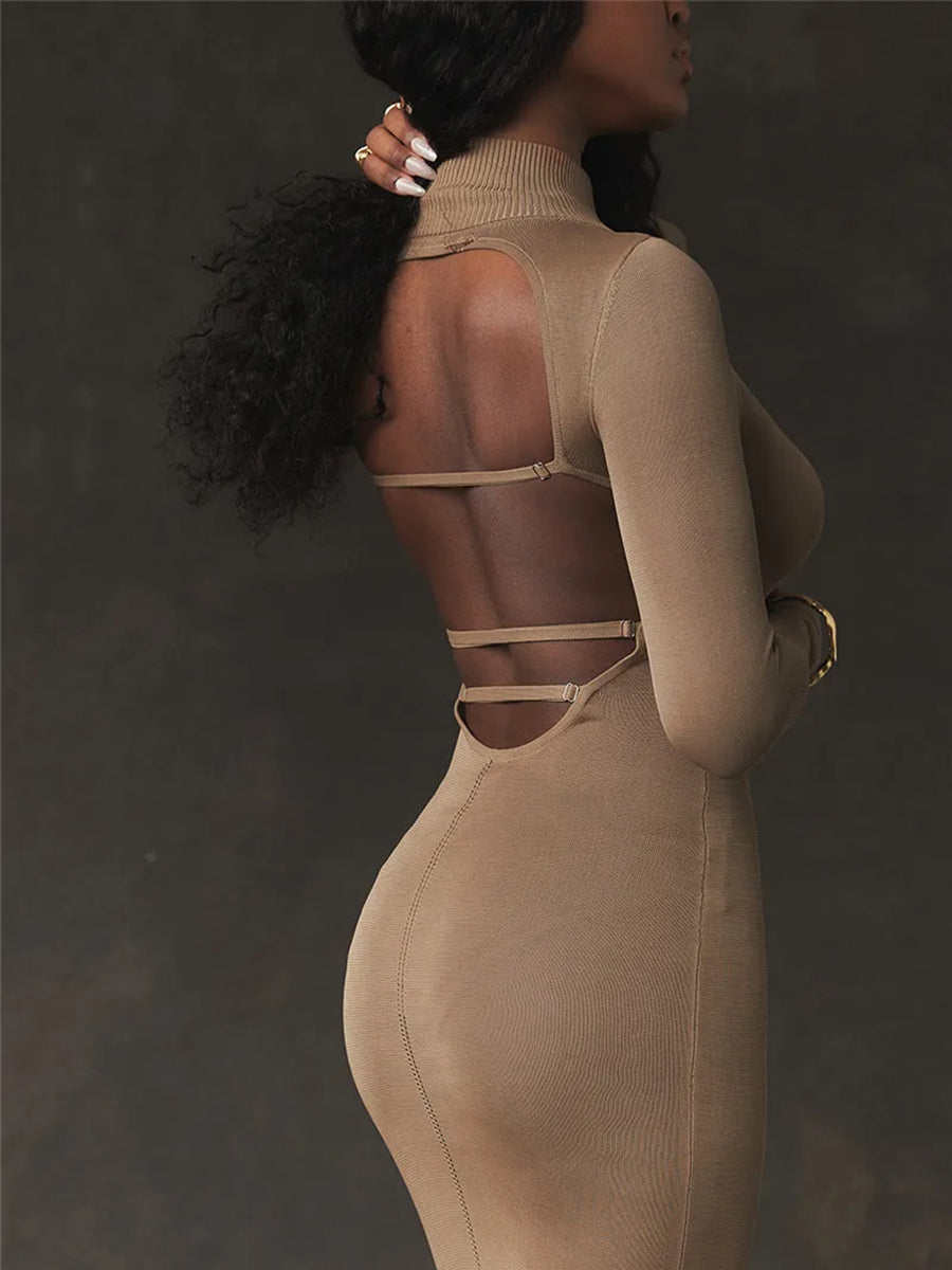 Turtleneck Backless Bodycon Long Sleeve Maxi Dress Rown