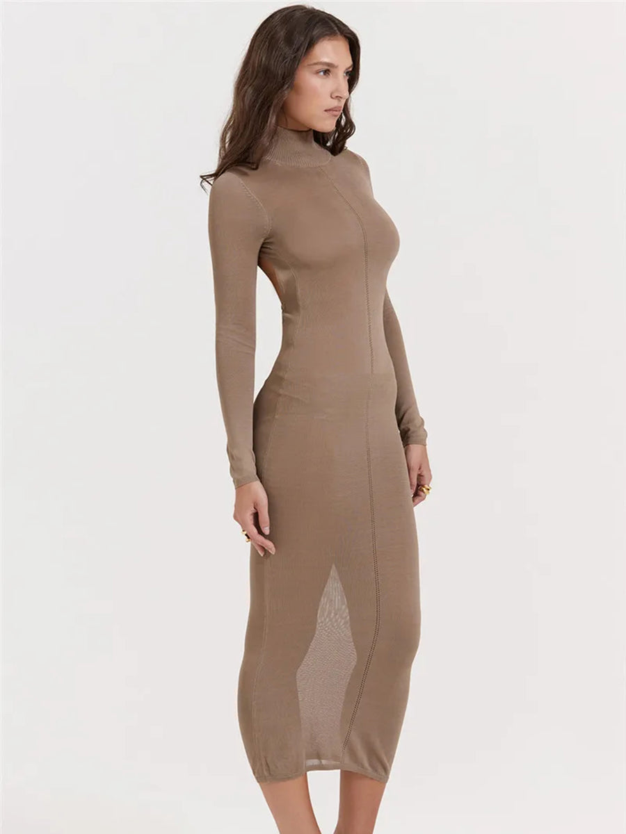 Turtleneck Backless Bodycon Long Sleeve Maxi Dress Rown