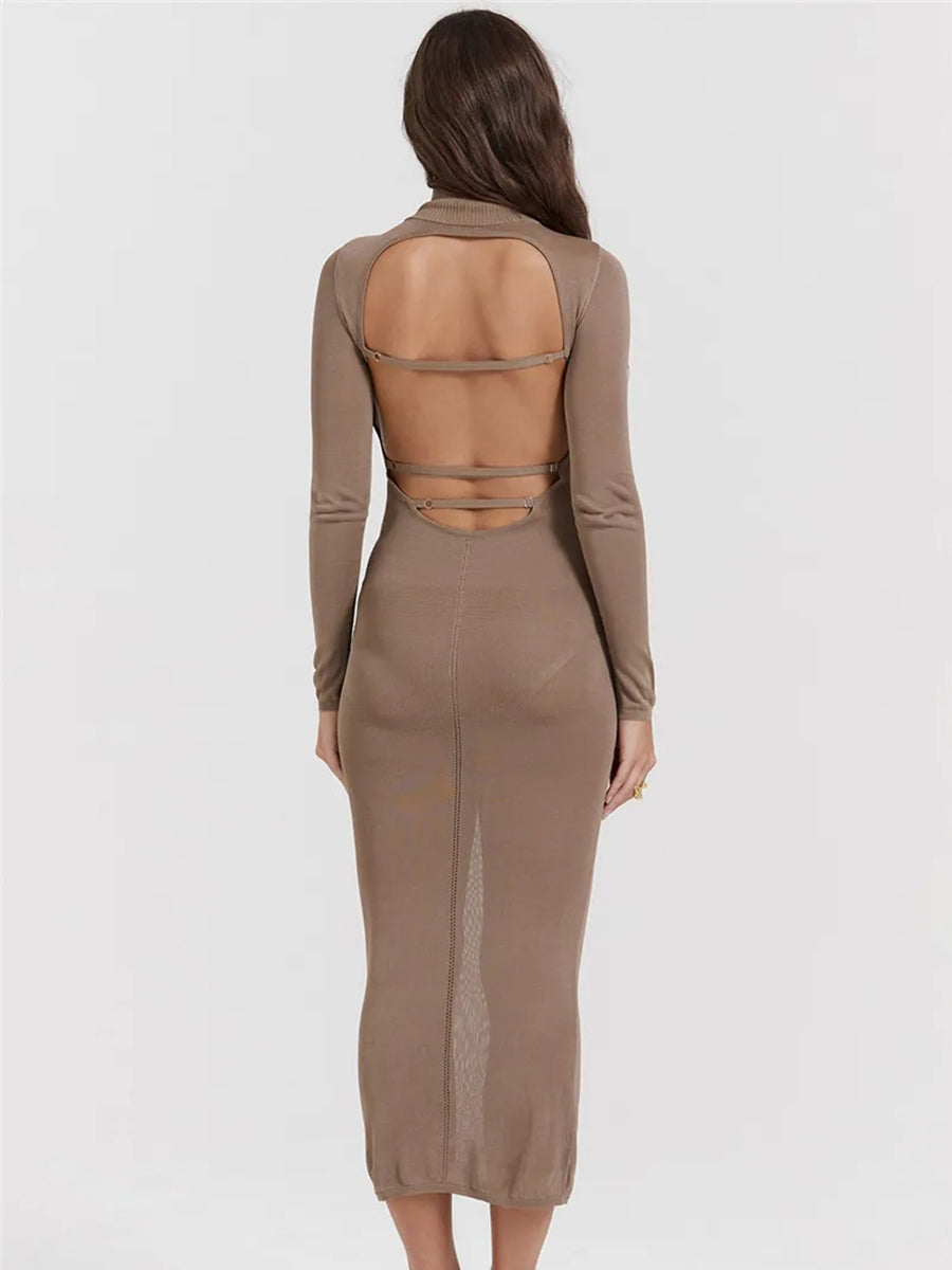 Turtleneck Backless Bodycon Long Sleeve Maxi Dress Rown