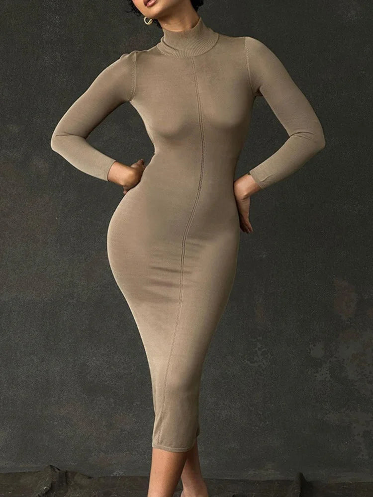 Turtleneck Backless Bodycon Long Sleeve Maxi Dress Rown