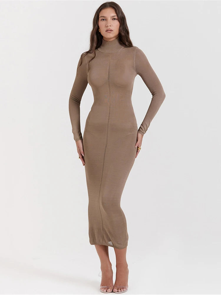 Turtleneck Backless Bodycon Long Sleeve Maxi Dress Rown