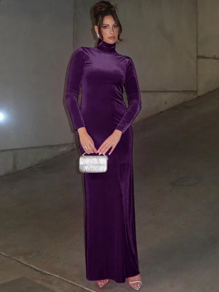 Turtleneck Long Sleeve Bodycon Maxi Dress Rown