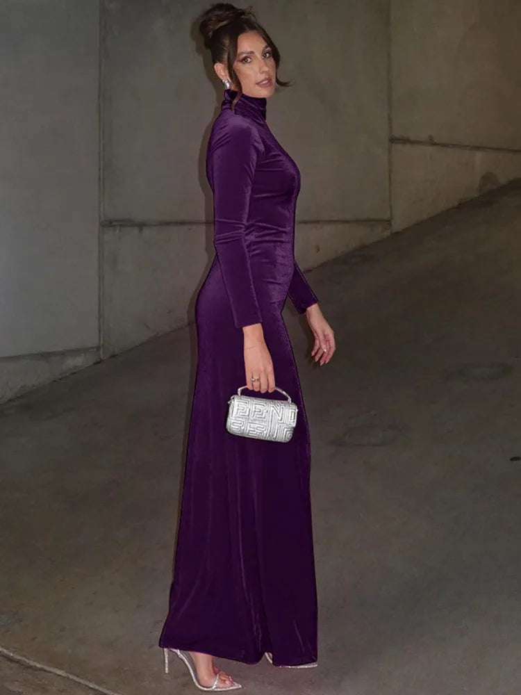 Turtleneck Long Sleeve Bodycon Maxi Dress Rown