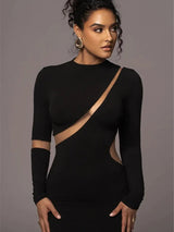 Turtleneck Long Sleeve Hollow Out Bodycon Maxi Dress Rown