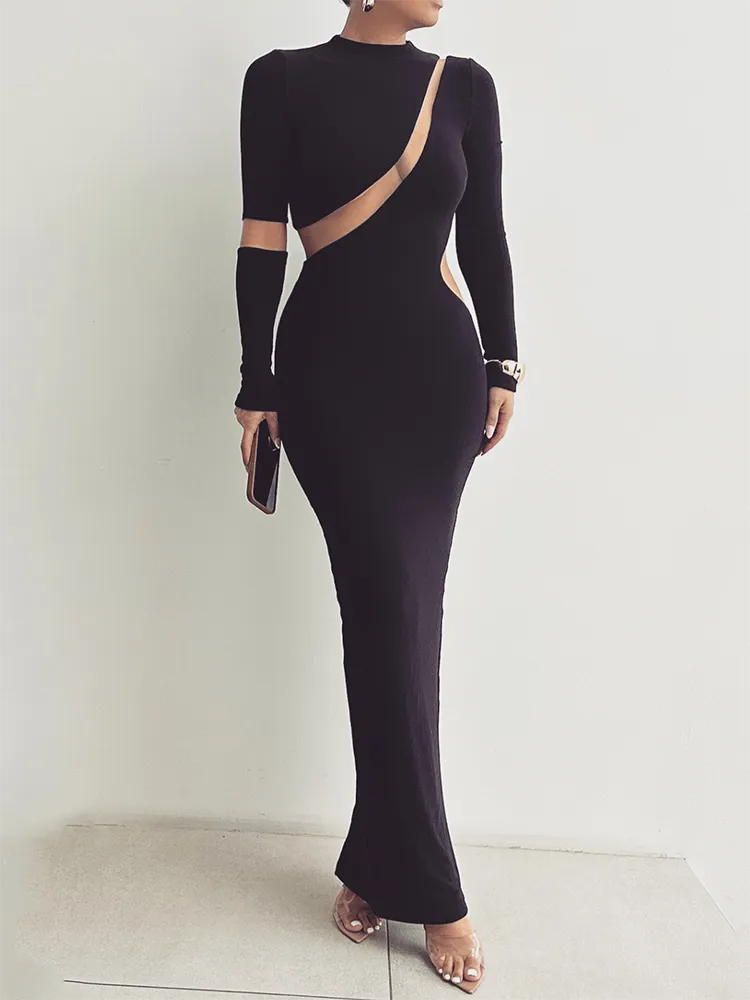 Turtleneck Long Sleeve Hollow Out Bodycon Maxi Dress Rown