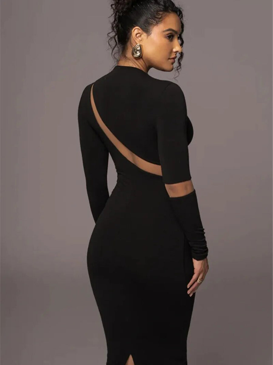 Turtleneck Long Sleeve Hollow Out Bodycon Maxi Dress Rown