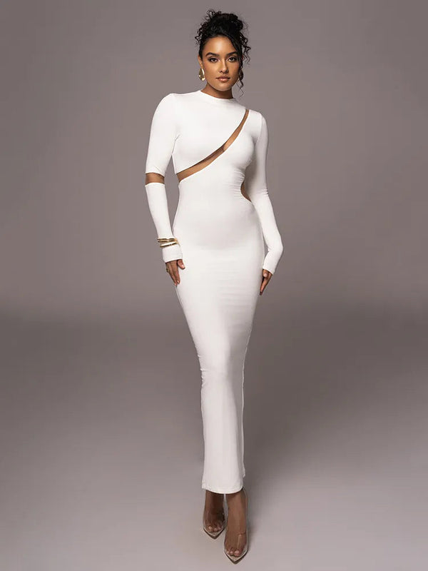 Turtleneck Long Sleeve Hollow Out Bodycon Maxi Dress Rown