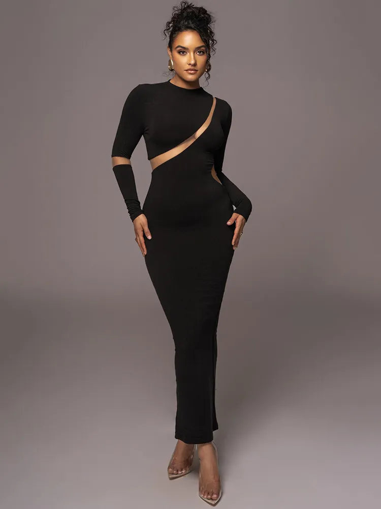 Turtleneck Long Sleeve Hollow Out Bodycon Maxi Dress Rown