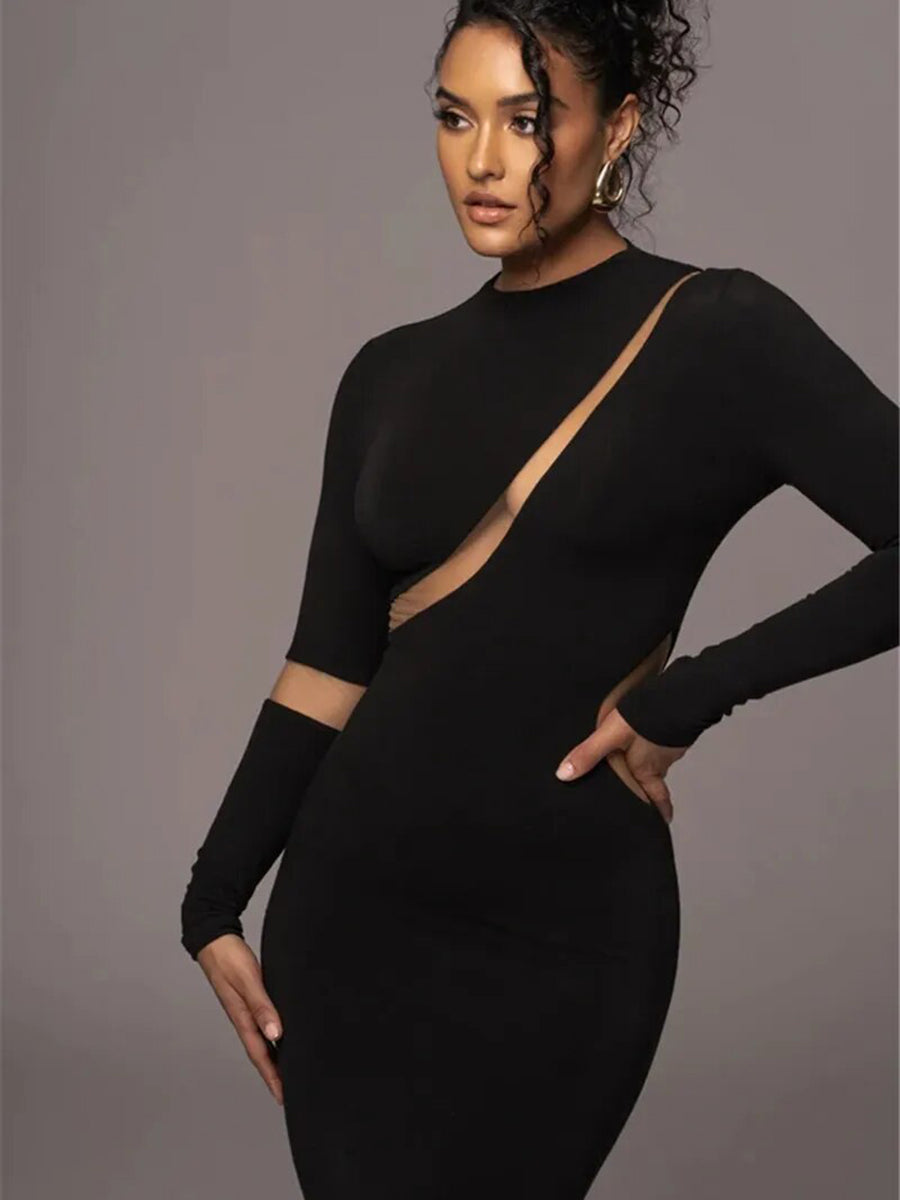 Turtleneck Long Sleeve Hollow Out Bodycon Maxi Dress Rown