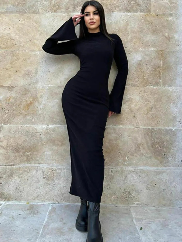 Turtleneck Long Sleeve Ribbed Bodycon Maxi Dress Rown