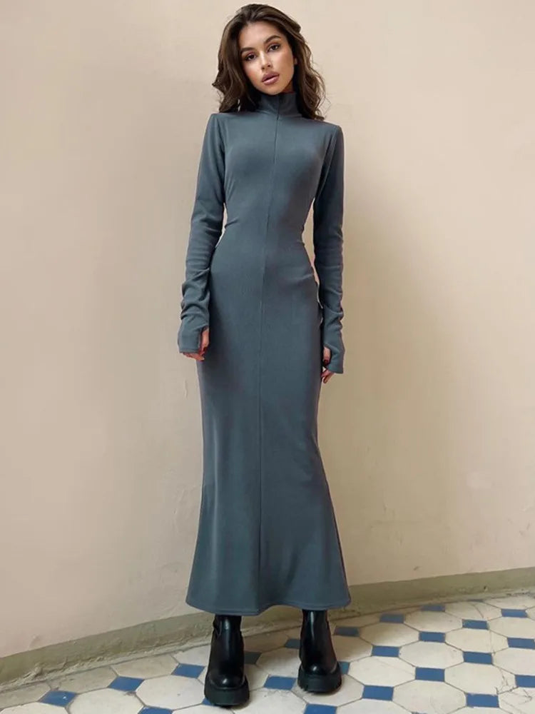 Turtleneck Long Sleeve Ribbed Zipper Bodycon Maxi Dress Rown