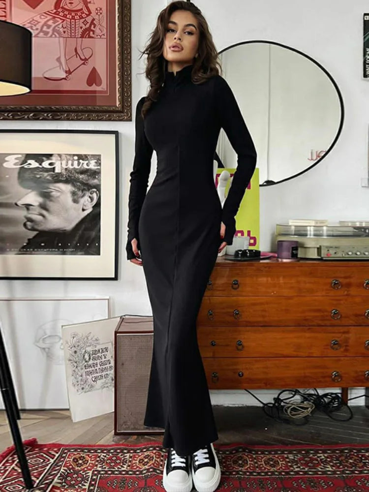 Turtleneck Long Sleeve Ribbed Zipper Bodycon Maxi Dress Rown