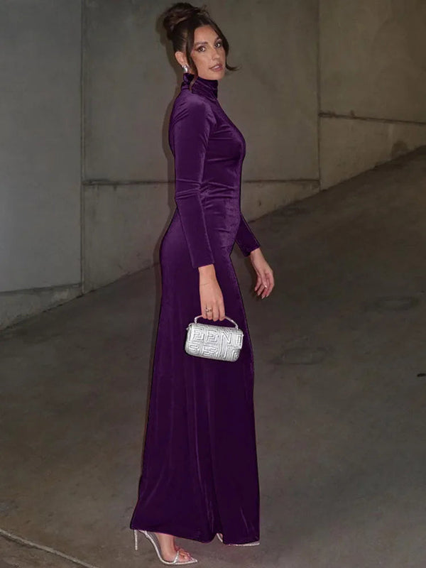 Turtleneck Long Sleeve Bodycon Maxi Dress - Rown