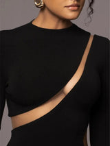 Turtleneck Long Sleeve Hollow Out Bodycon Maxi Dress - Rown