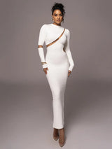 Turtleneck Long Sleeve Hollow Out Bodycon Maxi Dress - Rown