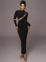 Turtleneck Long Sleeve Hollow Out Bodycon Maxi Dress - Rown