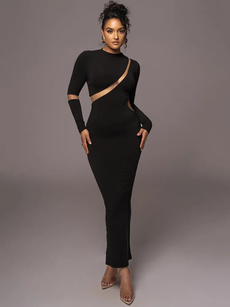 Turtleneck Long Sleeve Hollow Out Bodycon Maxi Dress - Rown