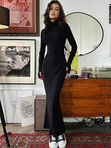 Turtleneck Long Sleeve Ribbed Zipper Bodycon Maxi Dress - Rown