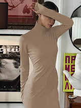 Turtleneck Long Sleeve Ribbed Zipper Bodycon Maxi Dress - Rown