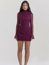 Turtleneck Sheer Mesh Bodycon Mini Dress - Rown