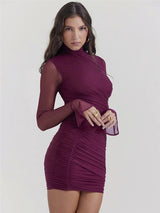 Turtleneck Sheer Mesh Bodycon Mini Dress - Rown