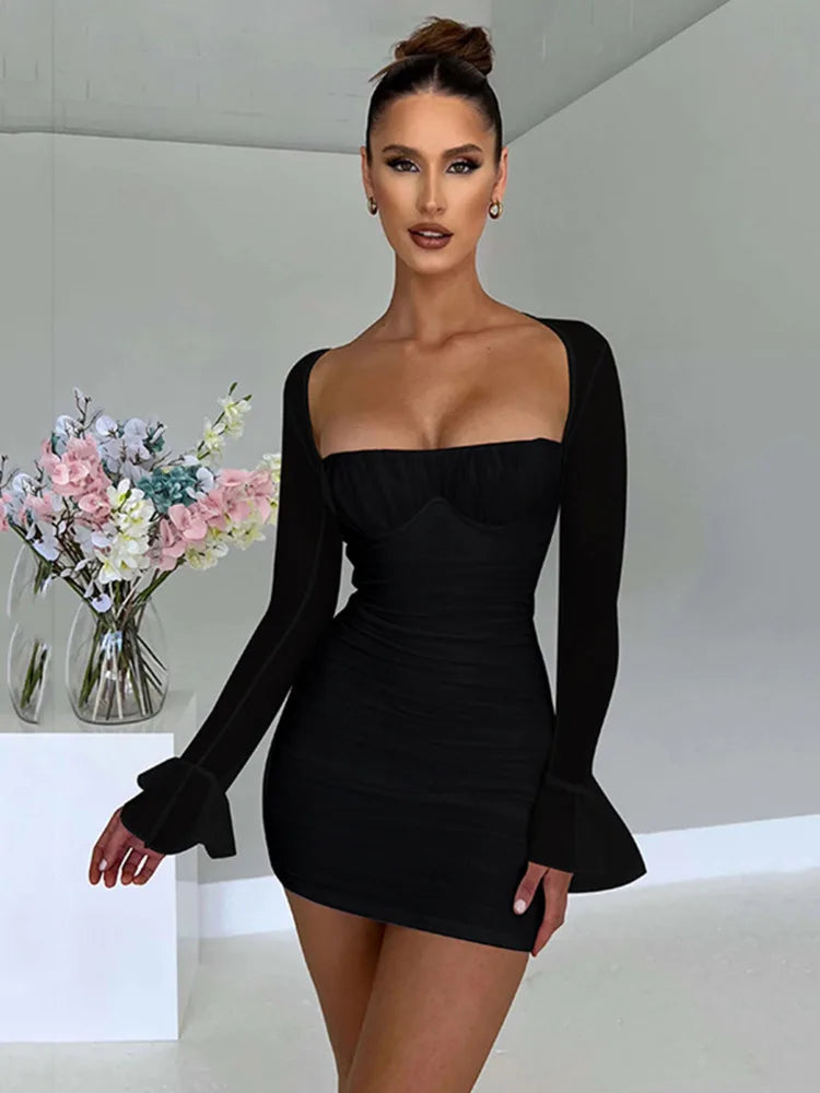 Two Layer Mesh Full Sleeve Bodycon Backless Mini Dress Rown