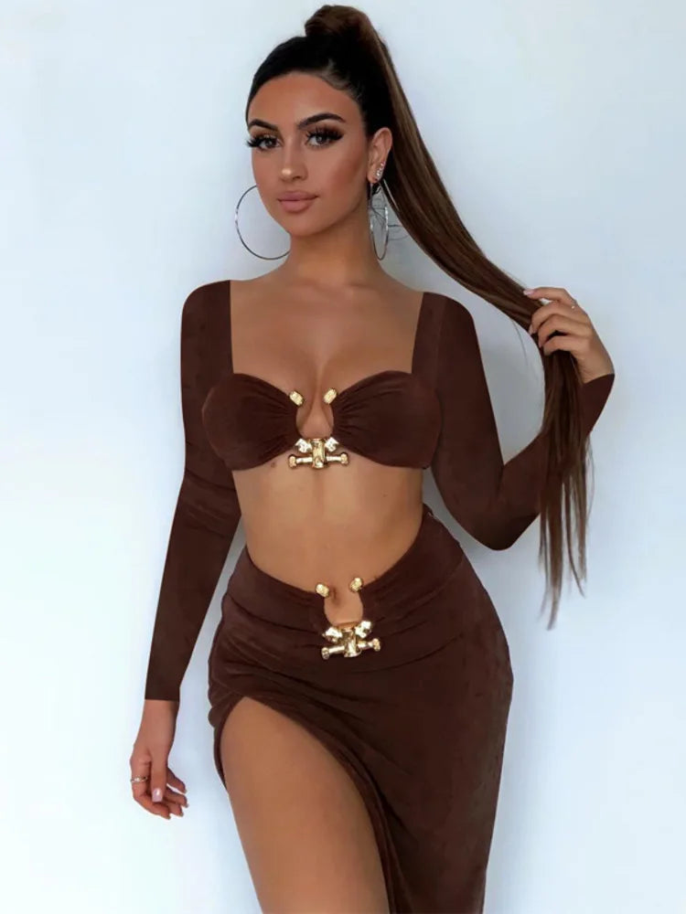 Two Piece Set Women Crop Top Dress Set Rown