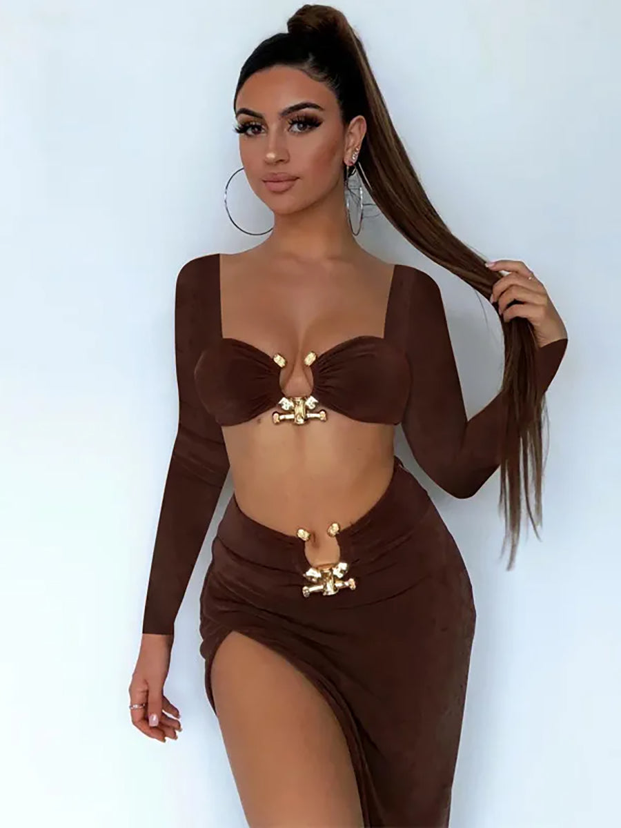 Two Piece Set Women Crop Top Dress Set Rown