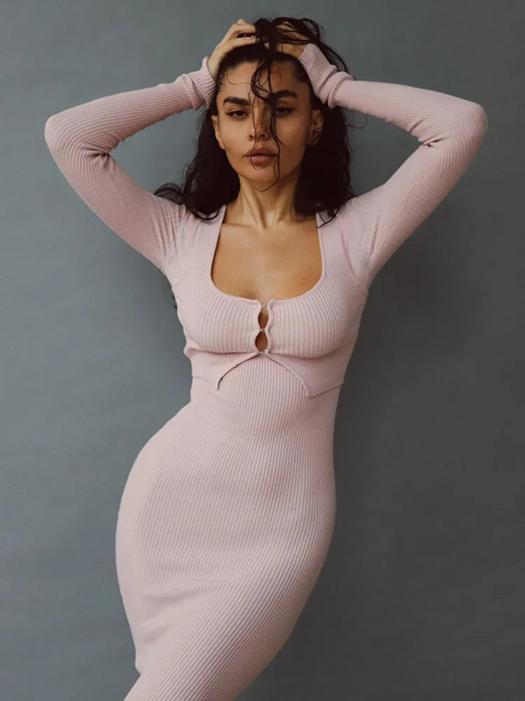 Two Piece Suit Ribbed Square Neck Midi Dress Rown