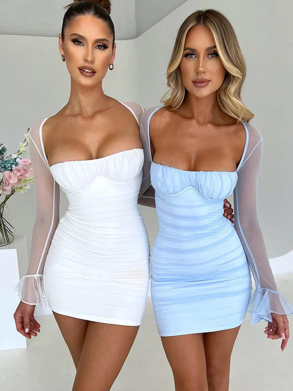 Two Layer Mesh Full Sleeve Bodycon Backless Mini Dress - Rown