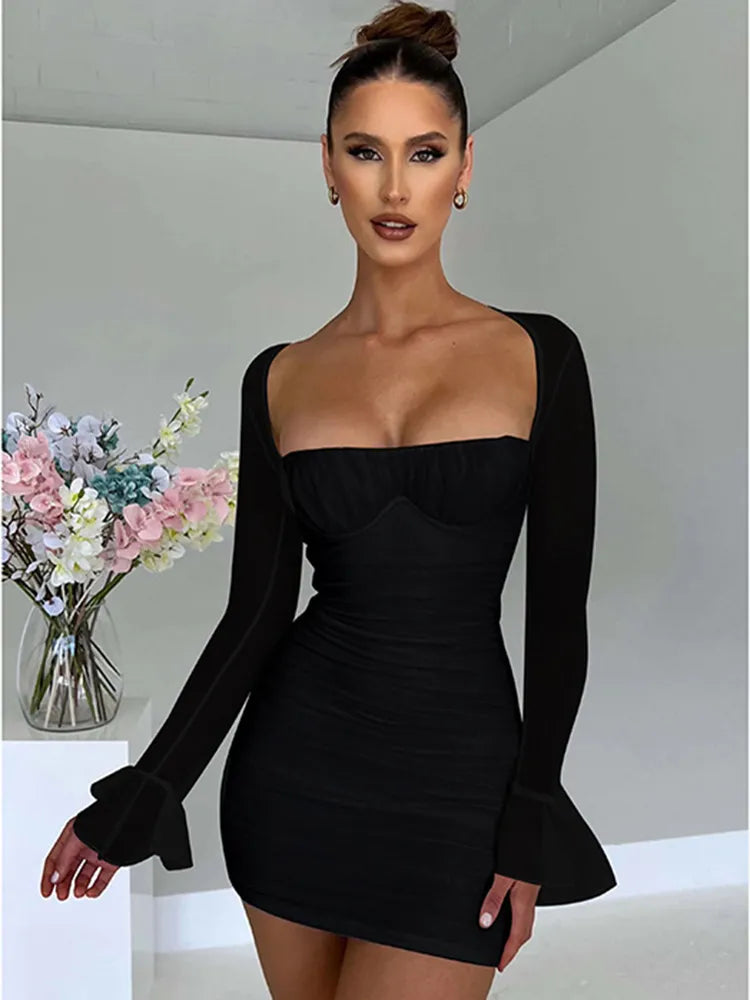 Two Layer Mesh Full Sleeve Bodycon Backless Mini Dress - Rown