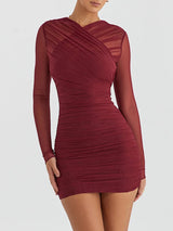 Two Layer Mesh Zipper Sheer Skinny Mini Dress - Rown