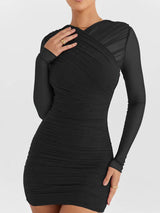 Two Layer Mesh Zipper Sheer Skinny Mini Dress - Rown